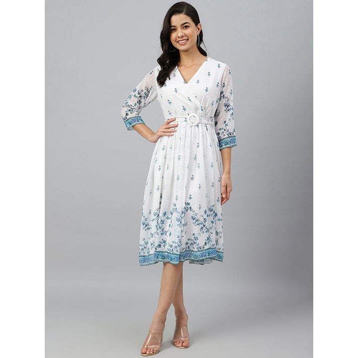 Janasya Womens White Georgette Digital Print Flared Dress with Belt (Set of 2)