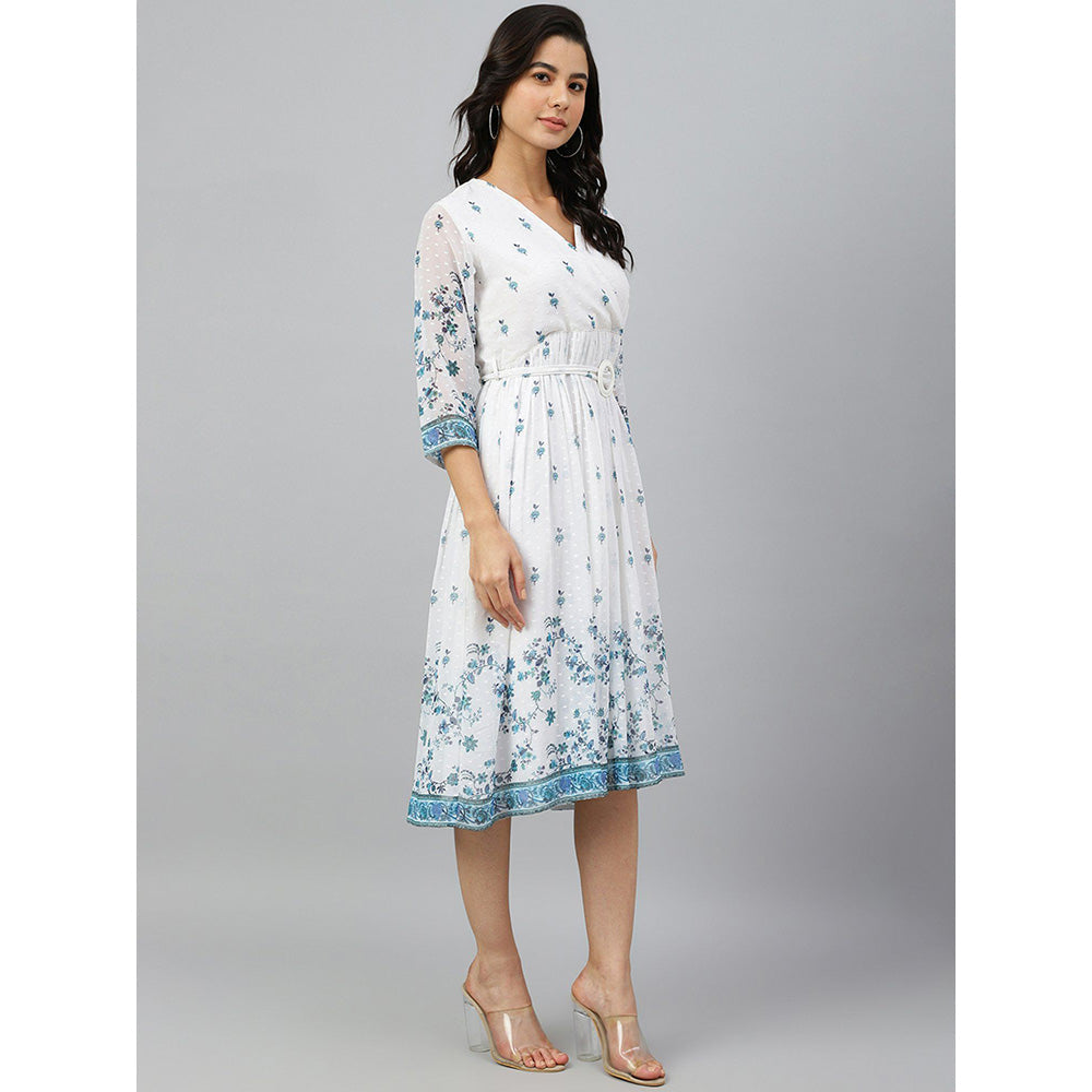 Janasya Womens White Georgette Digital Print Flared Dress with Belt (Set of 2)