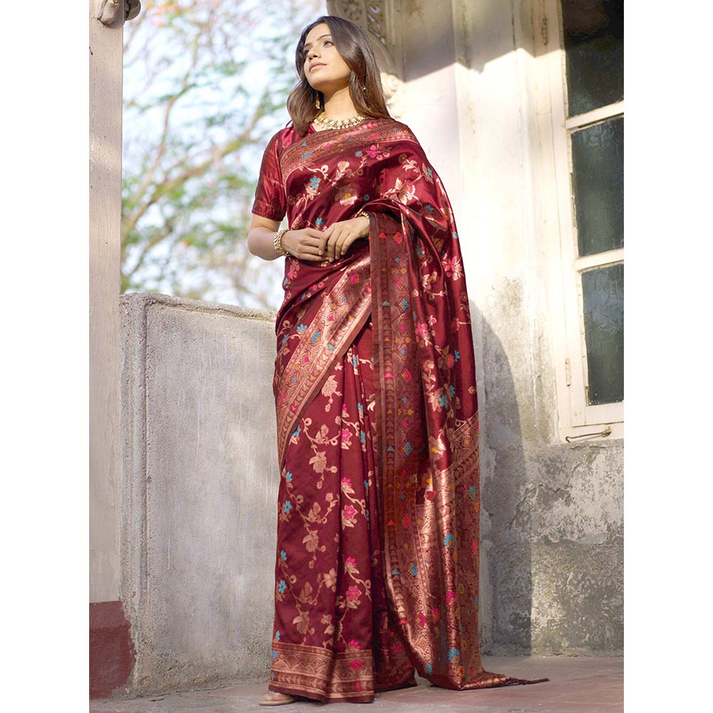 Janasya Rashmika X Saji Saheli - Maroon Banarasi Silk Floral Saree with Unstitched Blouse
