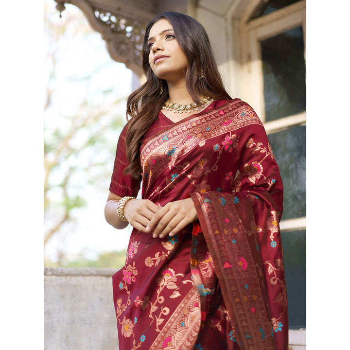 Janasya Rashmika X Saji Saheli - Maroon Banarasi Silk Floral Saree with Unstitched Blouse