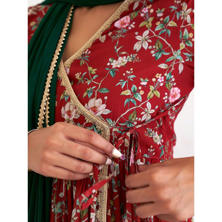 Janasya Rashmika X Saji Saheli - Maroon Floral Printed Kurta Sharara with Dupatta (Set of 3)