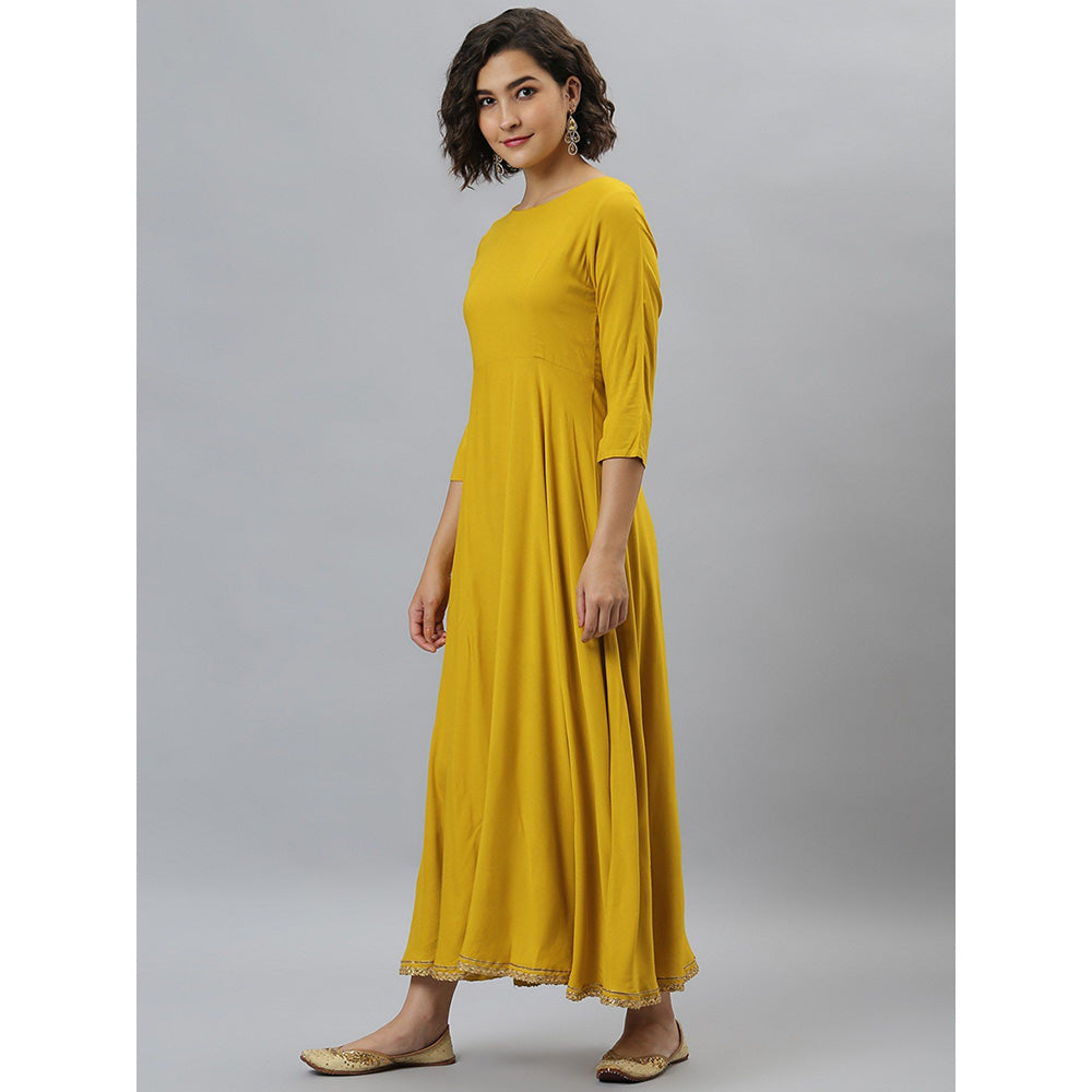 Janasya Mustard Rayon Solid Kurta & Dupatta (Set of 2)