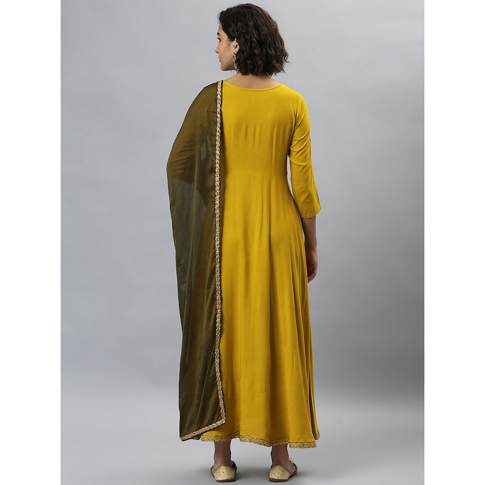 Janasya Mustard Rayon Solid Kurta & Dupatta (Set of 2)