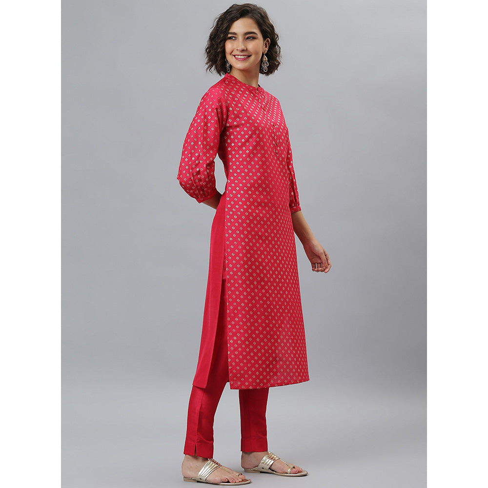 Janasya Red Poly Silk Printed Kurta with Pants & Dupatta (Set of 3)