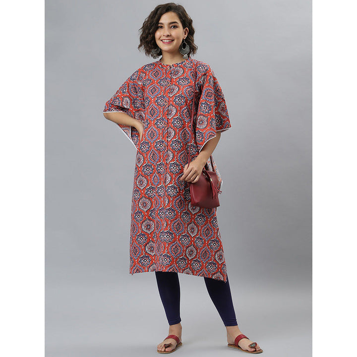 Janasya Orange Cotton Printed Kaftan Kurta