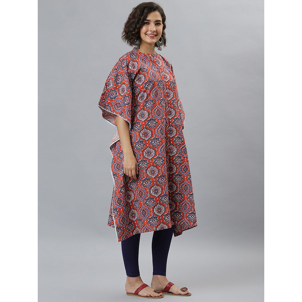 Janasya Orange Cotton Printed Kaftan Kurta