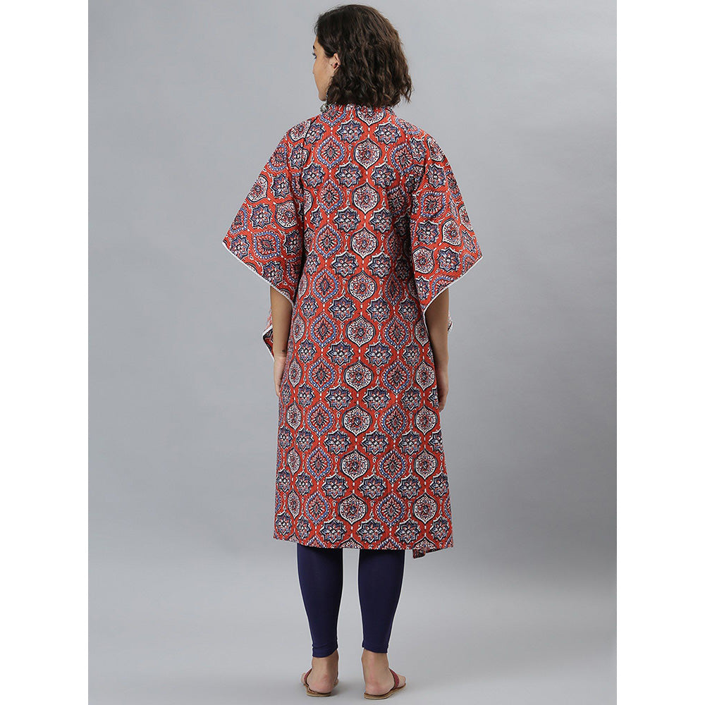 Janasya Orange Cotton Printed Kaftan Kurta