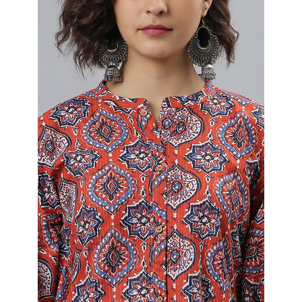 Janasya Orange Cotton Printed Kaftan Kurta