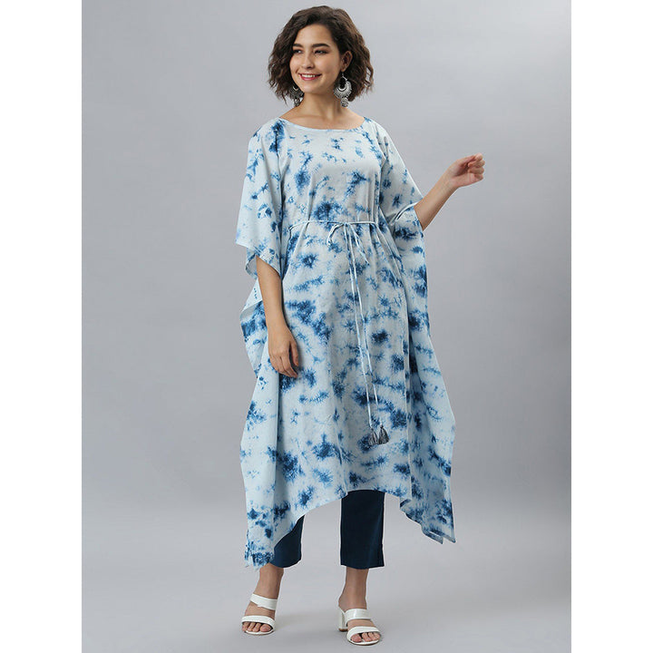 Janasya Blue Cotton Tie-Dye Kaftan Kaftan Kurta with Dori (Set of 2)