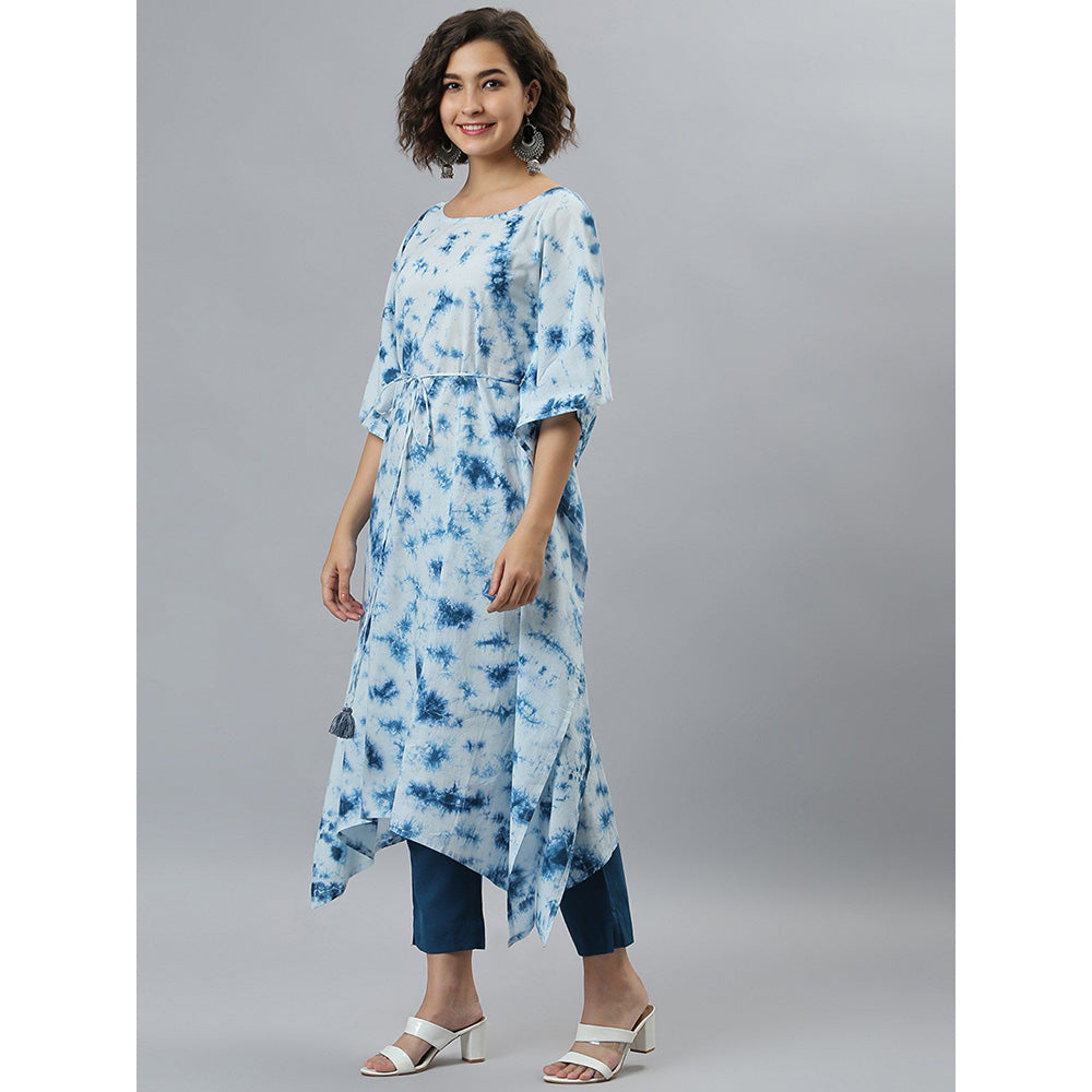 Janasya Blue Cotton Tie-Dye Kaftan Kaftan Kurta with Dori (Set of 2)