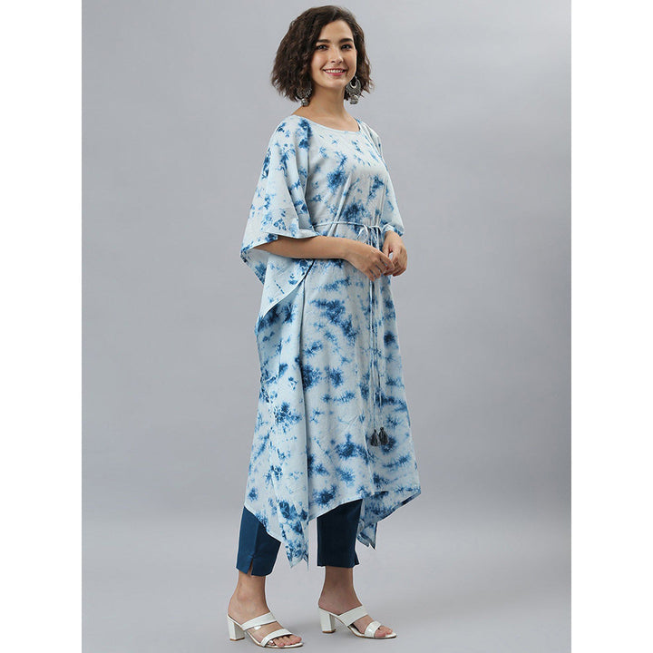 Janasya Blue Cotton Tie-Dye Kaftan Kaftan Kurta with Dori (Set of 2)