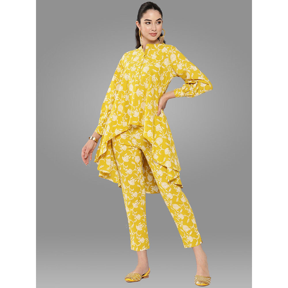 Janasya Womens Mustard Cotton Floral Printed Tunic with Pant (Set of 2)