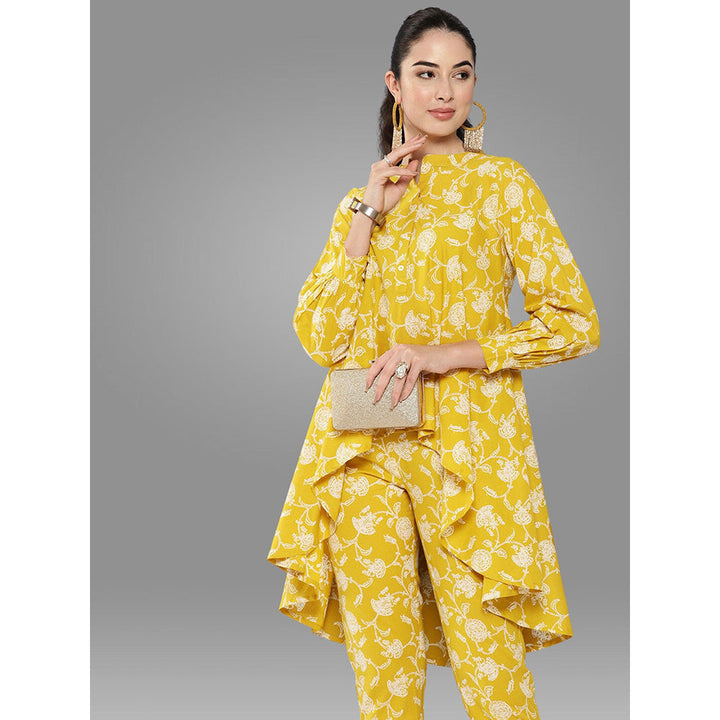 Janasya Womens Mustard Cotton Floral Printed Tunic with Pant (Set of 2)