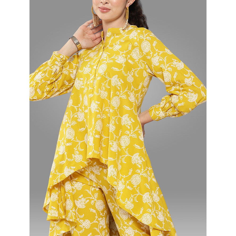 Janasya Womens Mustard Cotton Floral Printed Tunic with Pant (Set of 2)