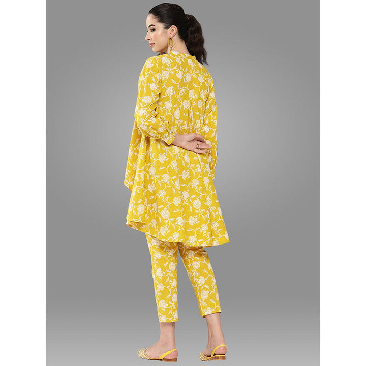 Janasya Womens Mustard Cotton Floral Printed Tunic with Pant (Set of 2)