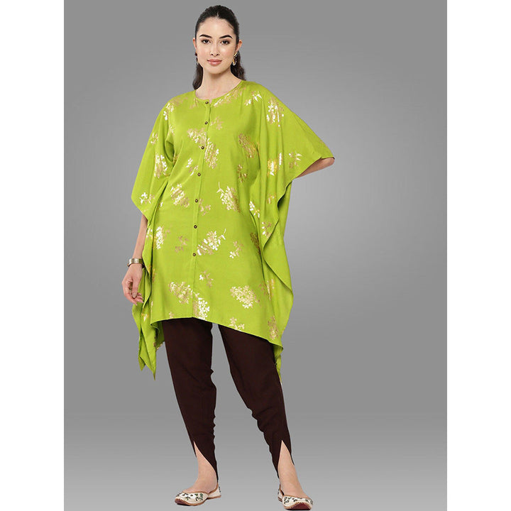 Janasya Womens Lime Green Rayon Foil Printed Kurta with Tulip Pant (Set of 2)