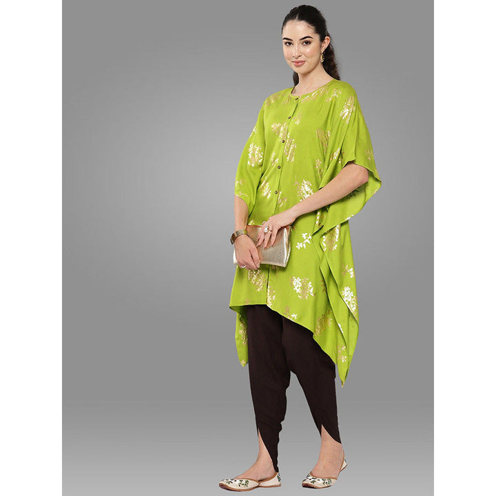 Janasya Womens Lime Green Rayon Foil Printed Kurta with Tulip Pant (Set of 2)