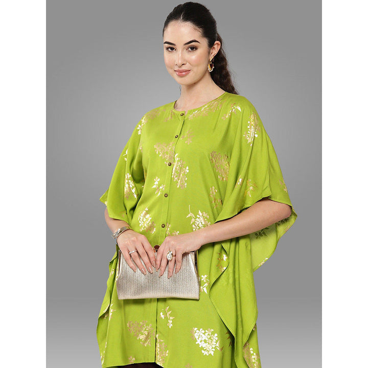 Janasya Womens Lime Green Rayon Foil Printed Kurta with Tulip Pant (Set of 2)