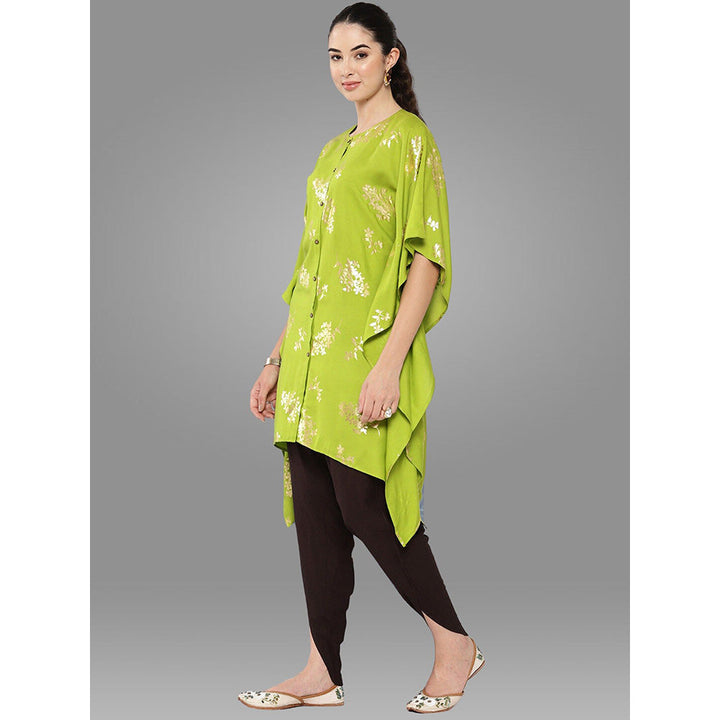 Janasya Womens Lime Green Rayon Foil Printed Kurta with Tulip Pant (Set of 2)