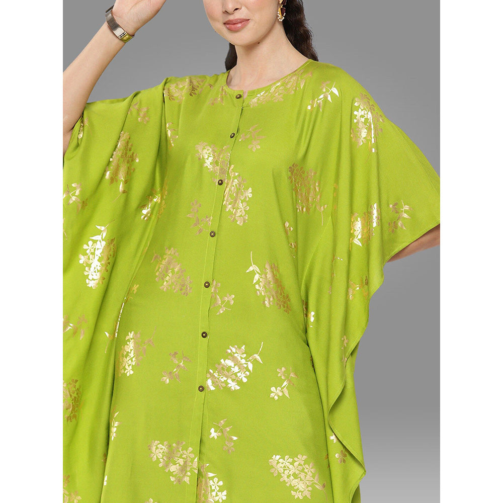 Janasya Womens Lime Green Rayon Foil Printed Kurta with Tulip Pant (Set of 2)