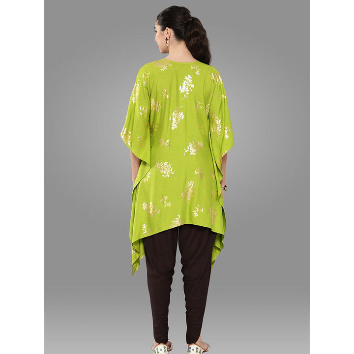 Janasya Womens Lime Green Rayon Foil Printed Kurta with Tulip Pant (Set of 2)