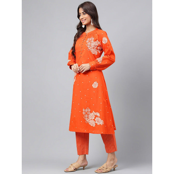 Janasya Womens Orange Cotton Floral Printed Kurta with Pant (Set of 2)