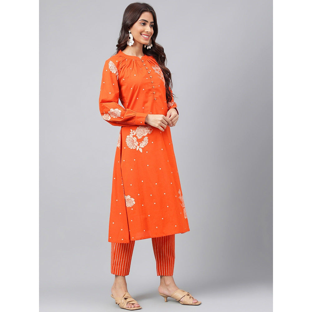 Janasya Womens Orange Cotton Floral Printed Kurta with Pant (Set of 2)