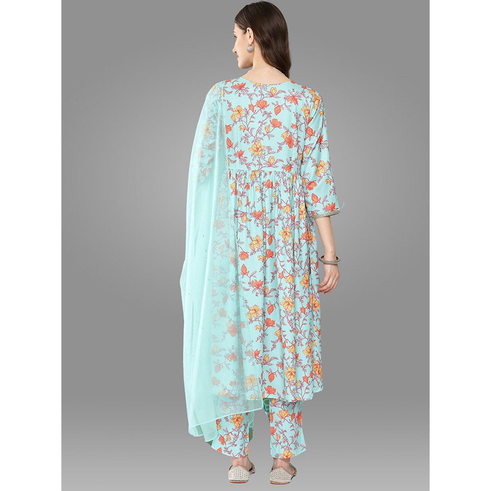 Janasya Womens Aqua Blue Moss Digital Floral Printed Kurta, Pant and Dupatta (Set of 3)