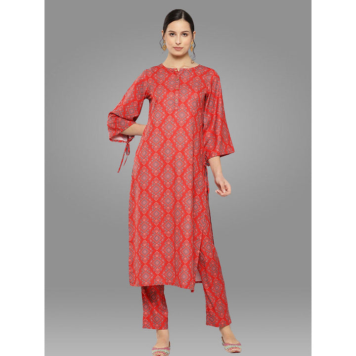 Janasya Womens Red Moss Digital Ethnic Printed Kurta with Pant (Set of 2)