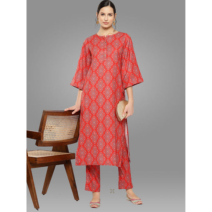 Janasya Womens Red Moss Digital Ethnic Printed Kurta with Pant (Set of 2)