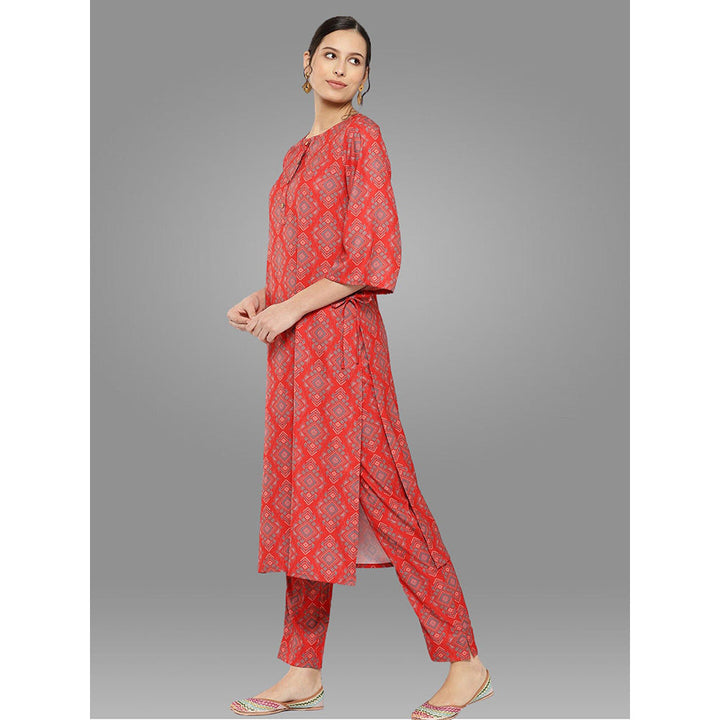 Janasya Womens Red Moss Digital Ethnic Printed Kurta with Pant (Set of 2)