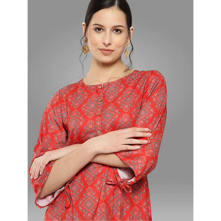 Janasya Womens Red Moss Digital Ethnic Printed Kurta with Pant (Set of 2)