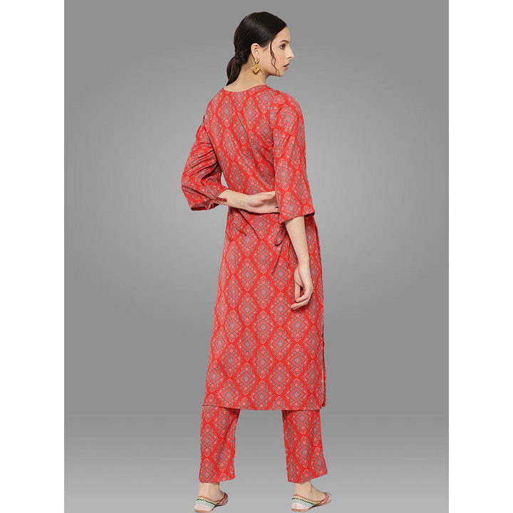 Janasya Womens Red Moss Digital Ethnic Printed Kurta with Pant (Set of 2)