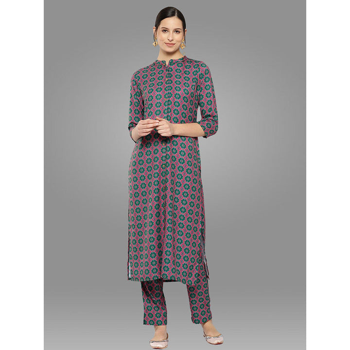 Janasya Womens Multi-Color Moss Ethnic Motifs Kurta with Pant (Set of 2)