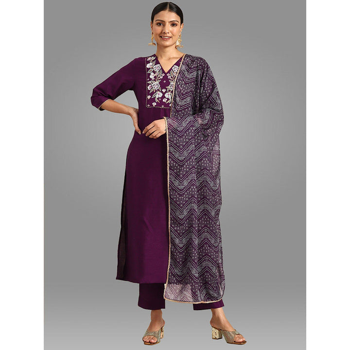 Janasya Womens Purple Crepe Silk Yoke Embroidered Kurta, Pant and Dupatta (Set of 3)