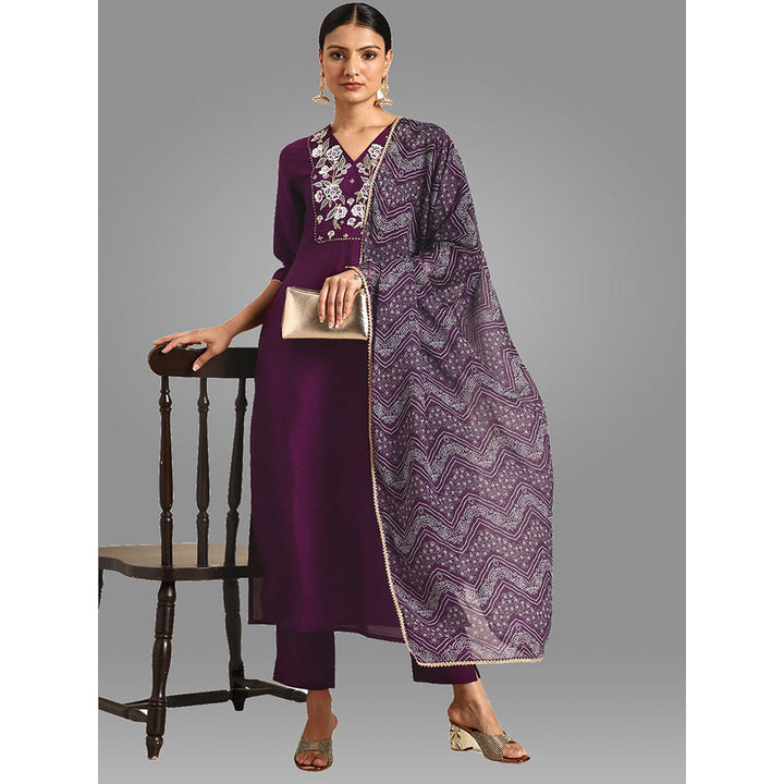 Janasya Womens Purple Crepe Silk Yoke Embroidered Kurta, Pant and Dupatta (Set of 3)