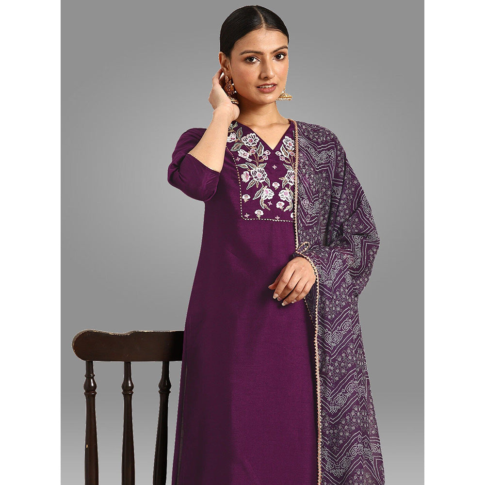 Janasya Womens Purple Crepe Silk Yoke Embroidered Kurta, Pant and Dupatta (Set of 3)