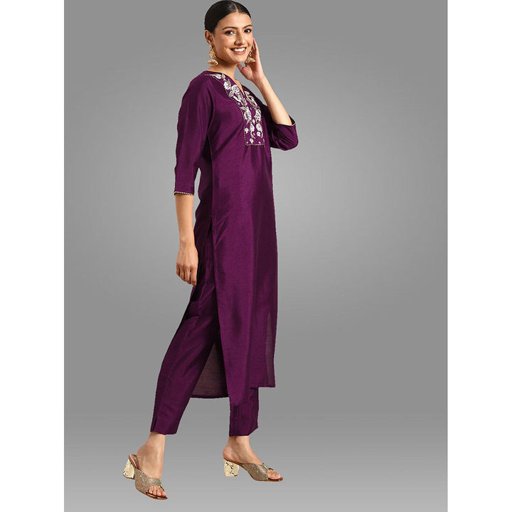 Janasya Womens Purple Crepe Silk Yoke Embroidered Kurta, Pant and Dupatta (Set of 3)