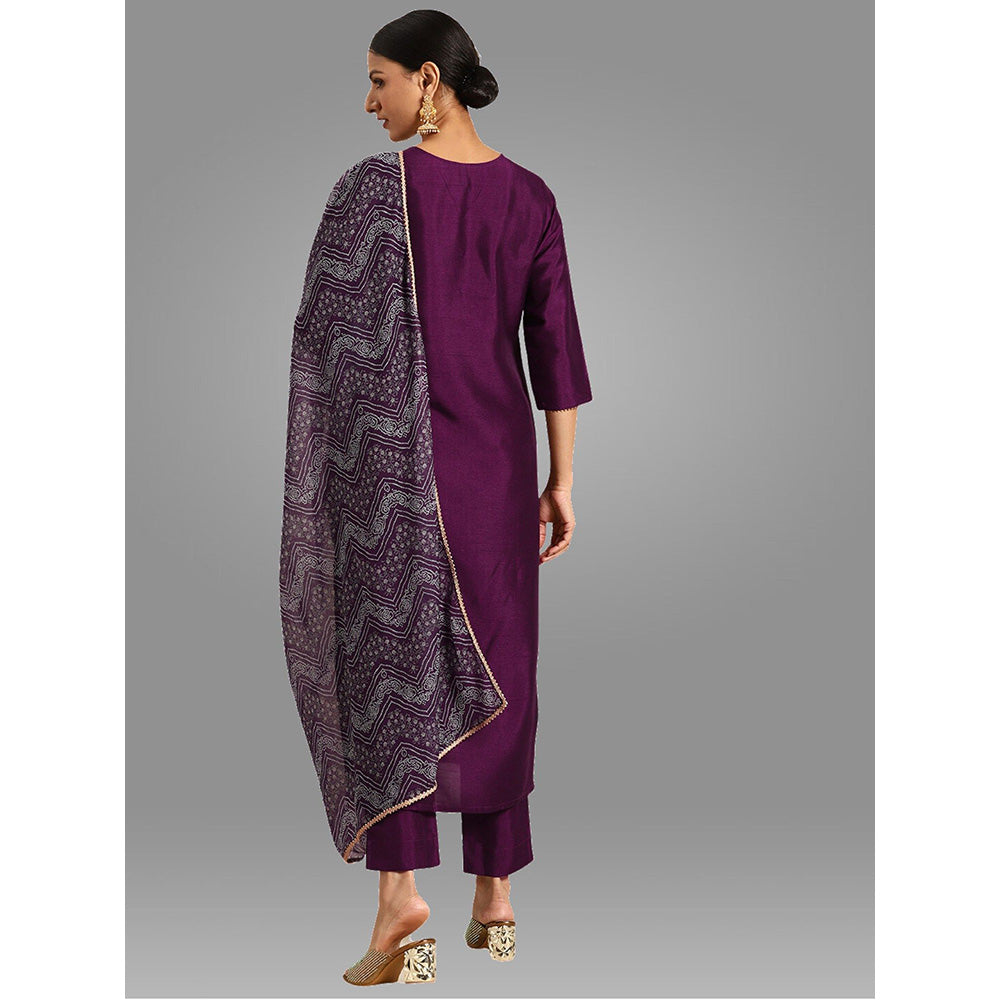 Janasya Womens Purple Crepe Silk Yoke Embroidered Kurta, Pant and Dupatta (Set of 3)