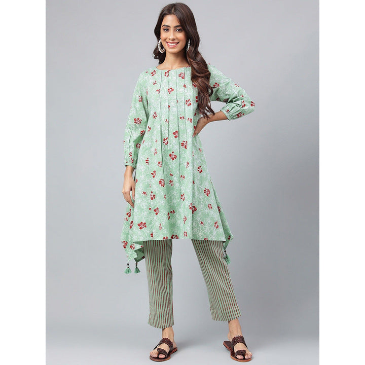 Janasya Womens Green Cotton Floral Printed Kurta with Pant (Set of 2)