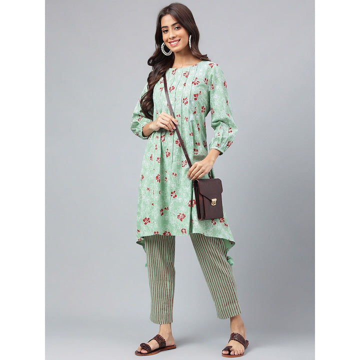 Janasya Womens Green Cotton Floral Printed Kurta with Pant (Set of 2)