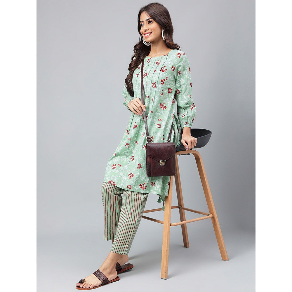 Janasya Womens Green Cotton Floral Printed Kurta with Pant (Set of 2)