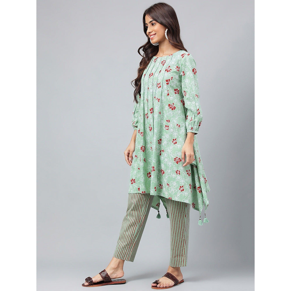 Janasya Womens Green Cotton Floral Printed Kurta with Pant (Set of 2)