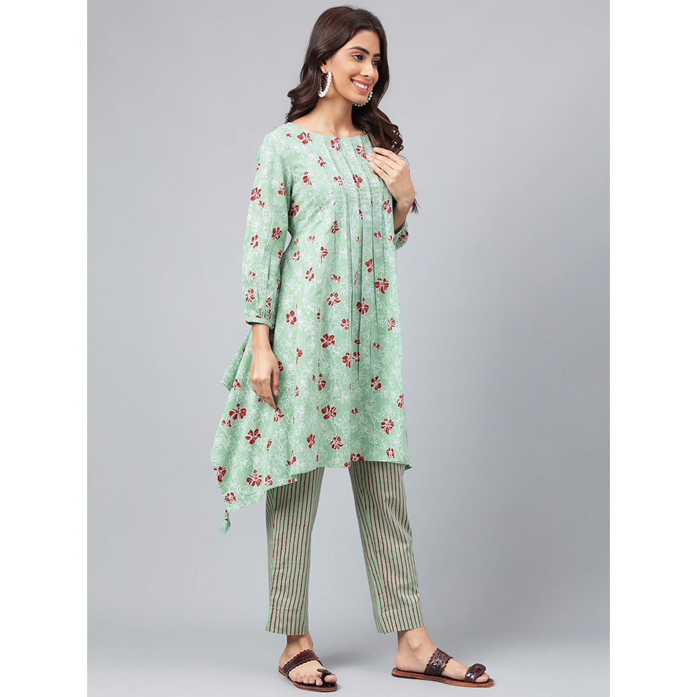 Janasya Womens Green Cotton Floral Printed Kurta with Pant (Set of 2)