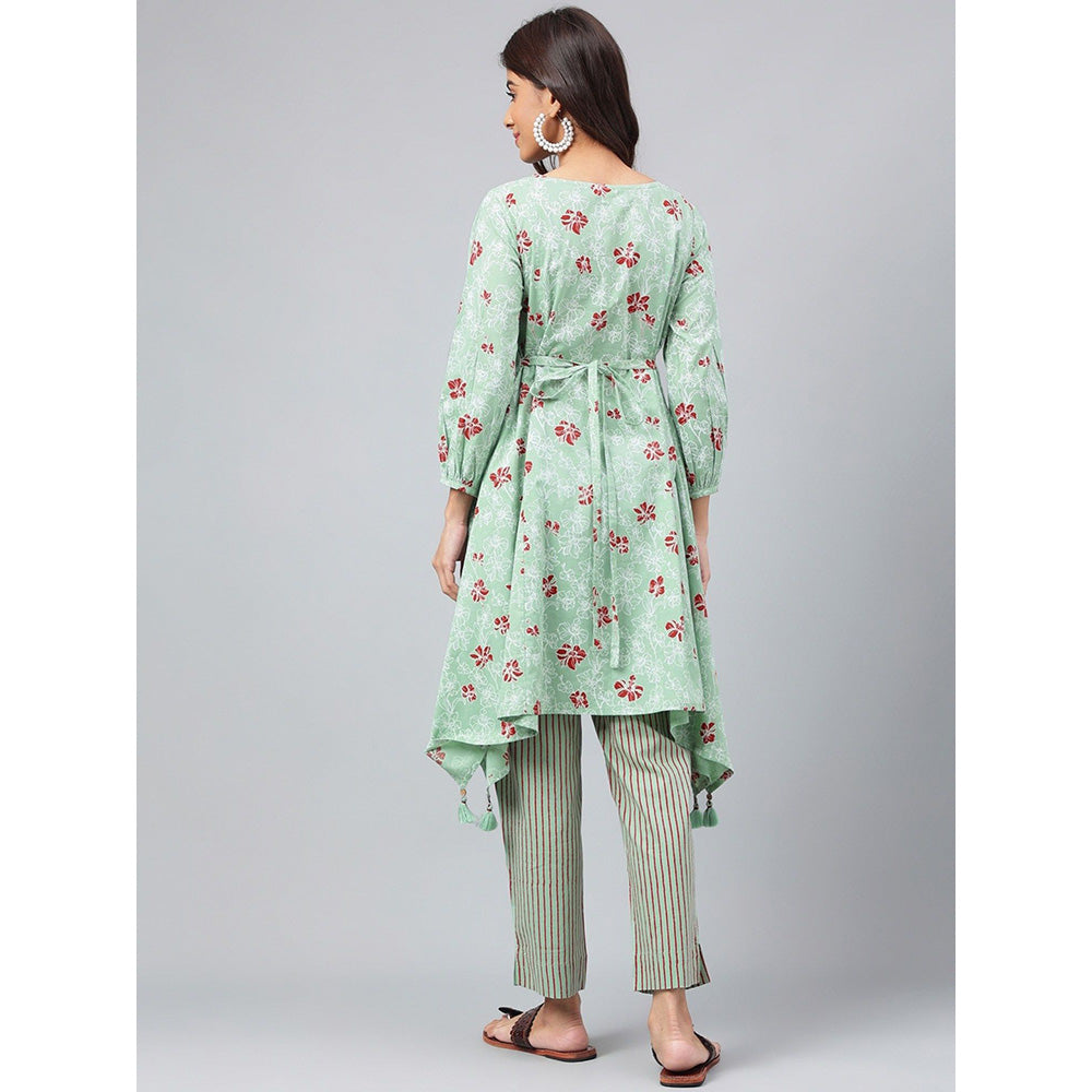 Janasya Womens Green Cotton Floral Printed Kurta with Pant (Set of 2)