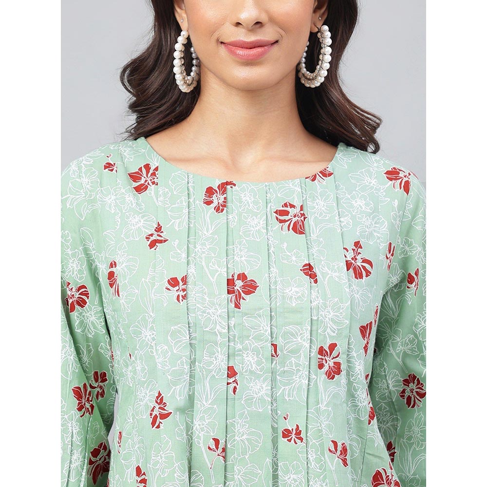 Janasya Womens Green Cotton Floral Printed Kurta with Pant (Set of 2)