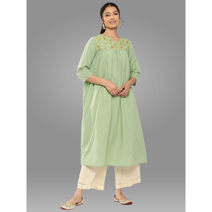 Janasya Womens Sage Green Dobby Cotton Solid Empire Kurta