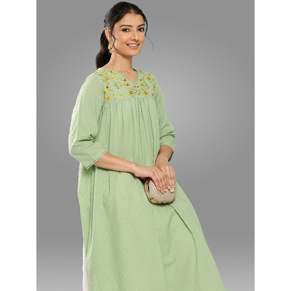 Janasya Womens Sage Green Dobby Cotton Solid Empire Kurta