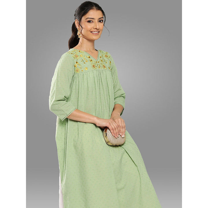 Janasya Womens Sage Green Dobby Cotton Solid Empire Kurta