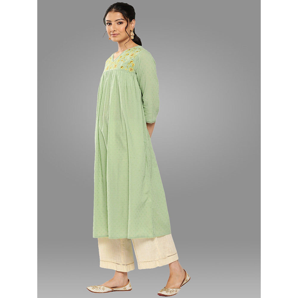 Janasya Womens Sage Green Dobby Cotton Solid Empire Kurta